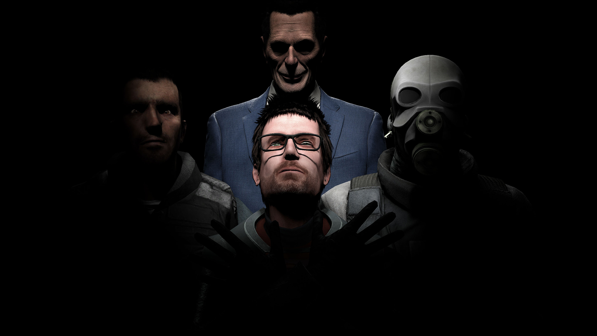 Gman, Gordon, a rebel and a metrocop in a very dark room