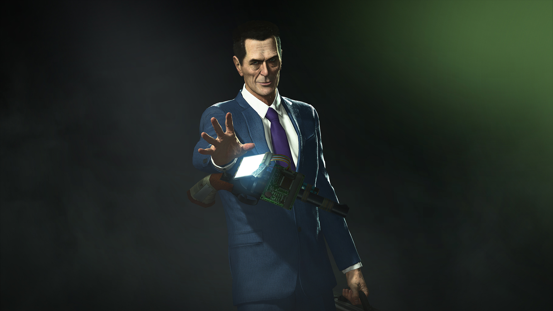 Gman from Half-Life Alyx in a dark room giving a tool gun to the player